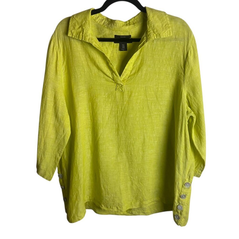 Tahari Size 1X Pure Linen Pop Over Blouse Top Yellow Green Beachy Lagen Look - Picture 1 of 5